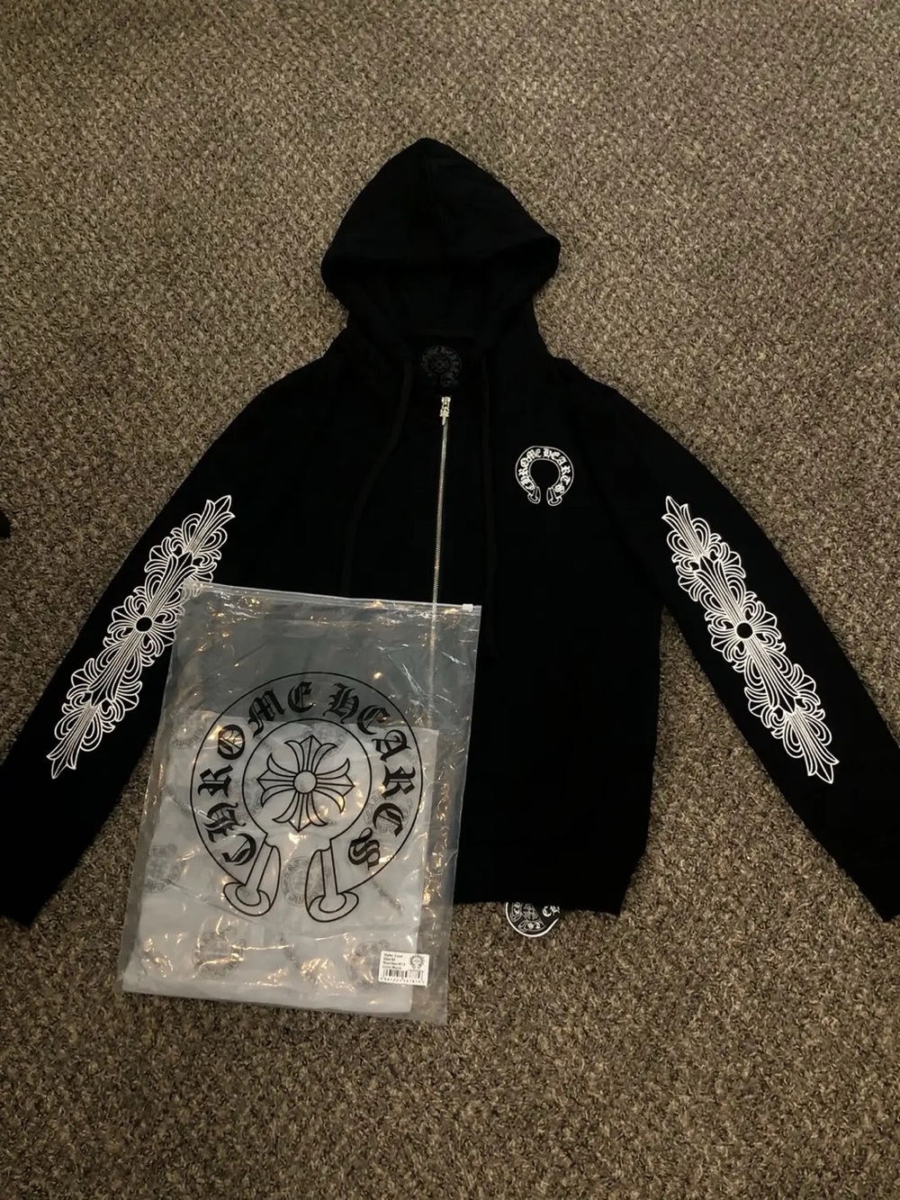Chrome Hearts Black Hoodie with White Cross and Floral Sleeve Graphics
